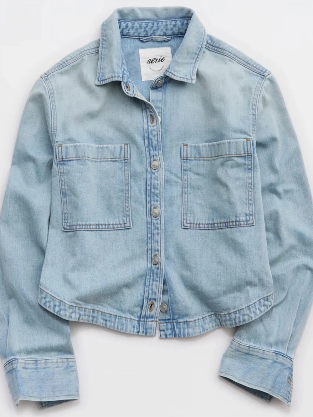 NWT Aerie Cropped Buttondown Shirt Light Wash Cropped Denim Jacket - Light Blue - Picture 3 of 10